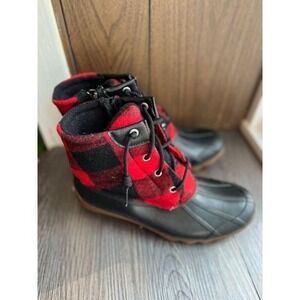 Sperry Buffalo Plaid‎ Duck Boots Red Black Waterproof Winter Ankle Boots